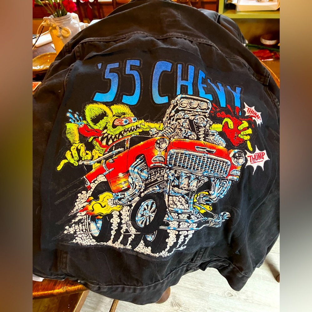 Up cycle jean jacket with 55 Chevy